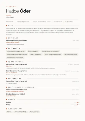Beslenme Uzmanı Diyetisyen CV Örnekleri cv indir